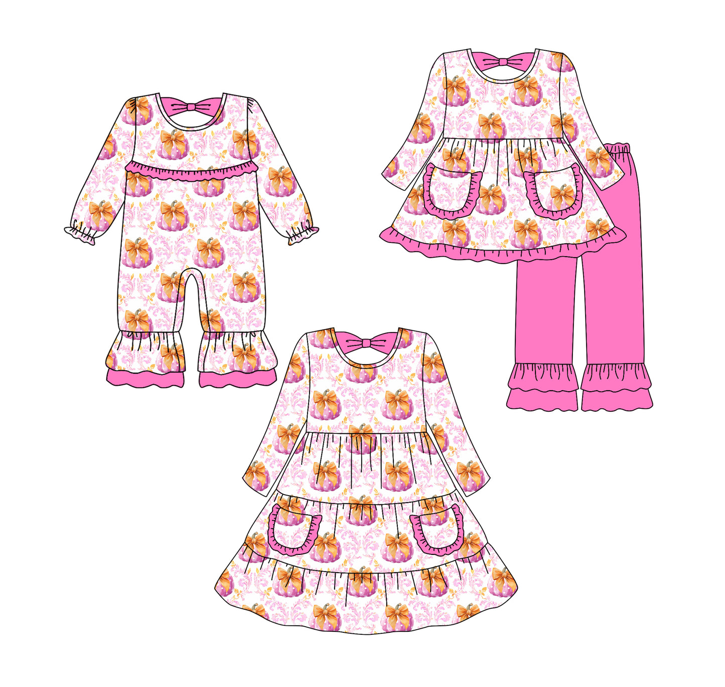 25.6.17 custom each style moq 5eta 4-6week Sibling Sisters pumpkin bow baby girl long sleeve pants sets and dress and rompers match family design