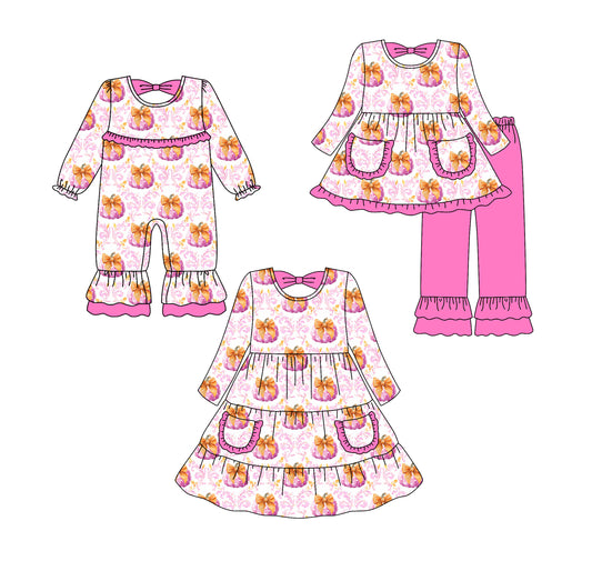 25.6.17 custom each style moq 5eta 4-6week Sibling Sisters pumpkin bow baby girl long sleeve pants sets and dress and rompers match family design