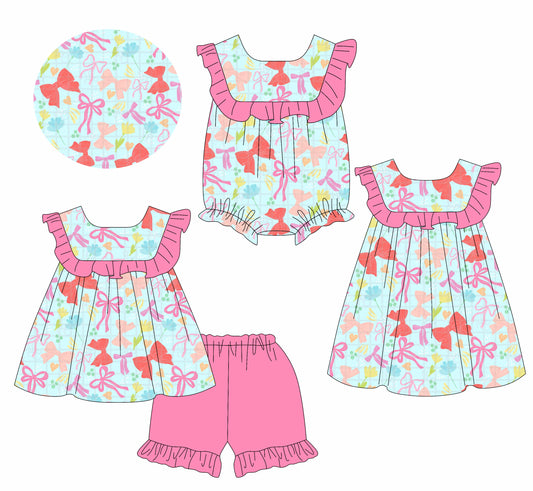 3.22 custom each style moq 5eta 4-6week Sibling Sisters bow baby girl short sleeve shorts sets and dress and rompers match family design