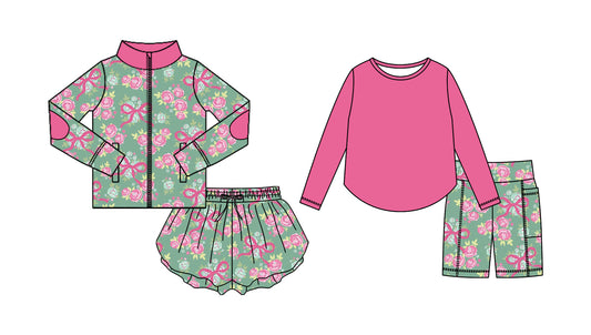 25.8.30 custom each style moq 5eta 4-6week Sibling Sisters floral bow pink baby girl long sleeve shorts sets and skirts sets match family design