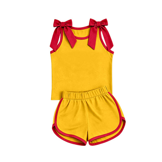 custom moq 5 mix size Baby Girls Red Bow Sleeveless Yellow Top Shorts Team Athletic Set