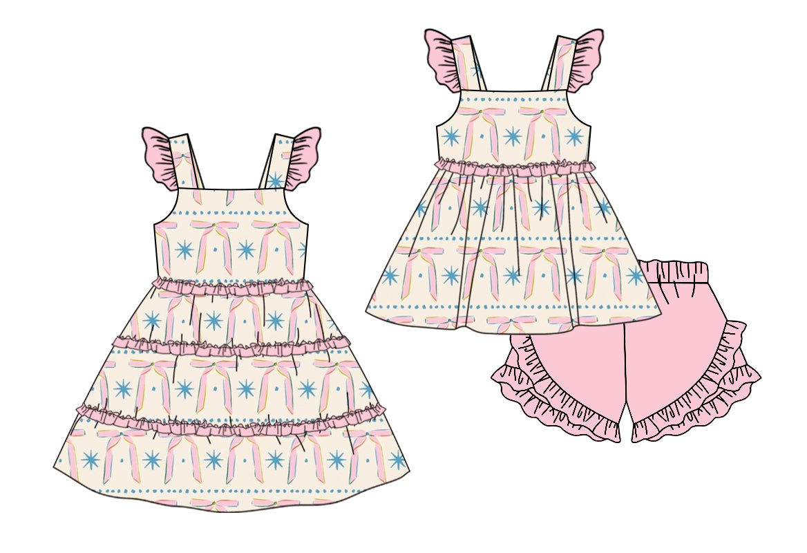 11.13 custom each style moq 5eta 4-6week Sibling Sister bow baby girl short sleeve shorts sets and dresses match design