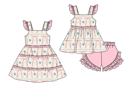 11.13 custom each style moq 5eta 4-6week Sibling Sister bow baby girl short sleeve shorts sets and dresses match design
