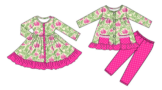 25.7.29 custom each style moq 5eta 4-6week Sibling Sisters pumpkin baby girl long sleeve pants sets and dress match family design