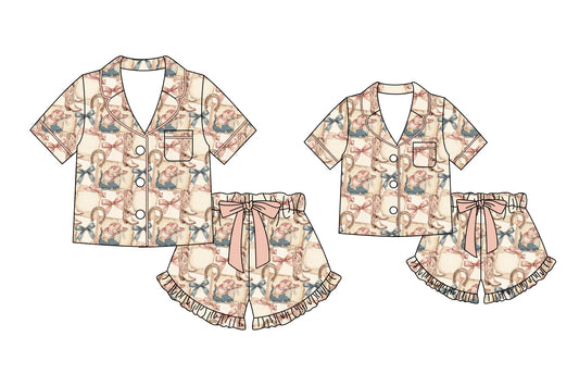 Custom moq 5 mix size Sibling Mom And Me Bow Print Pajama Set Short-Sleeved Top And Shorts Matching Sleepwear