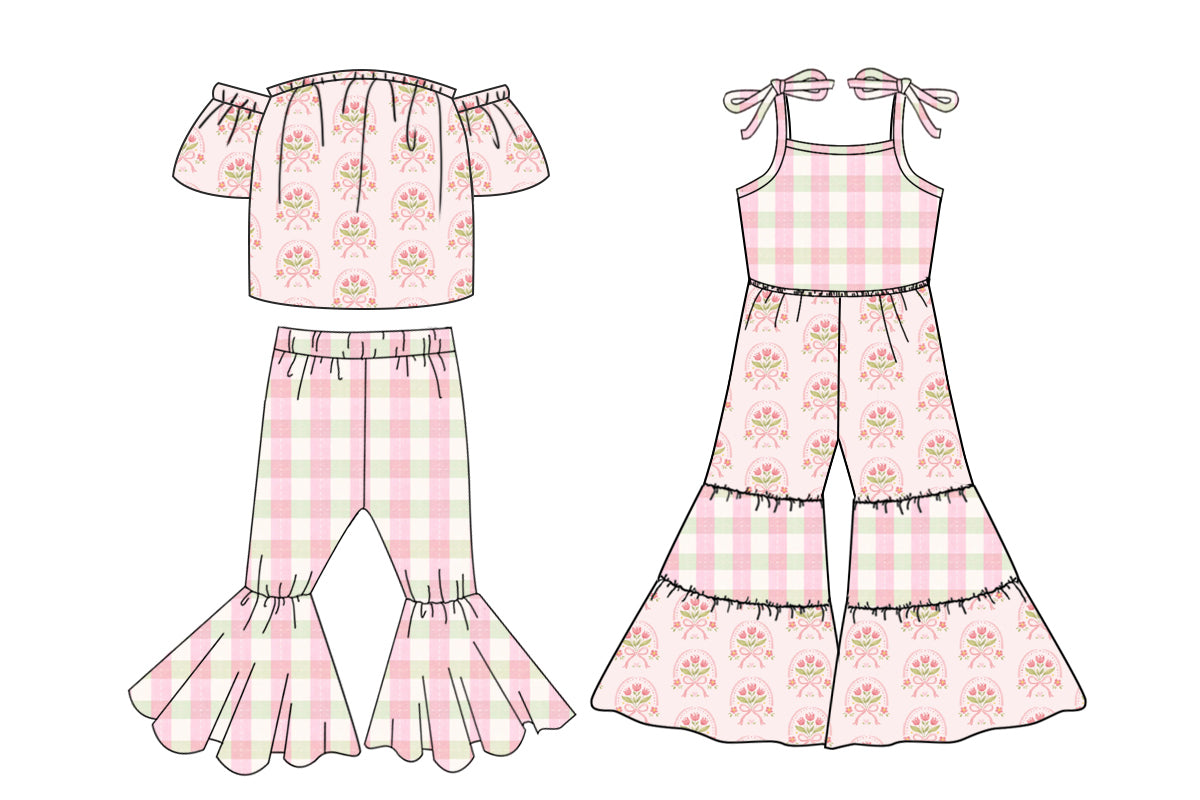 Custom moq 5 mix size Pink Floral Print Baby Girls Jumpsuit Short-Sleeved Top And Long Pants Outfit for Little Girls