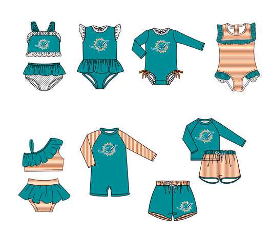 Custom moq 5 mix size milk silk summer teams blue-green baby girl boys clothes Two-Piece Swimsuit Set One Piece Swimsuits boy swim trunks