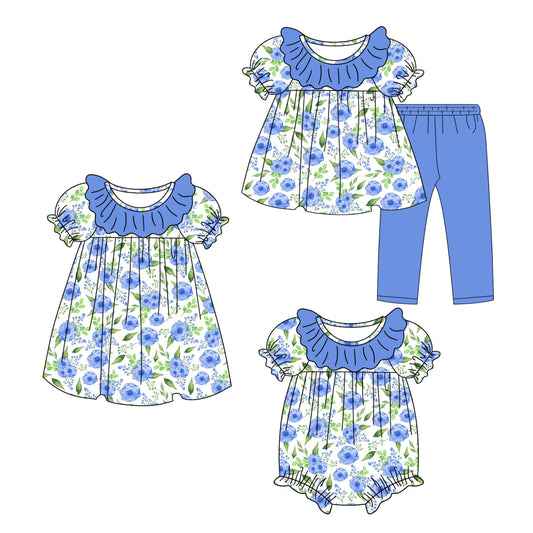 25.9.26 custom each style moq 8 eta 6-8week Sibling Sisters floral blue baby girl short sleeve pants sets and dress and rompers match family design