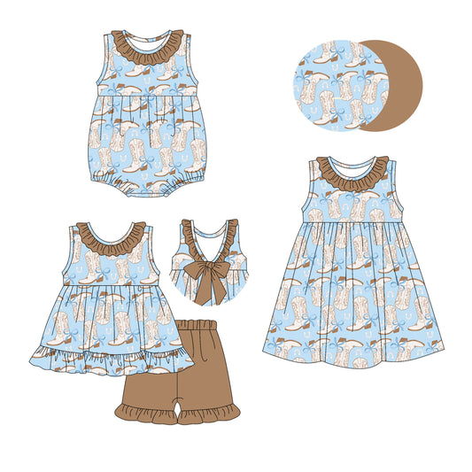 3.20 custom each style moq 5eta 4-6week Sibling Sisters boots baby girl short sleeve shorts sets and dress and rompers match family design