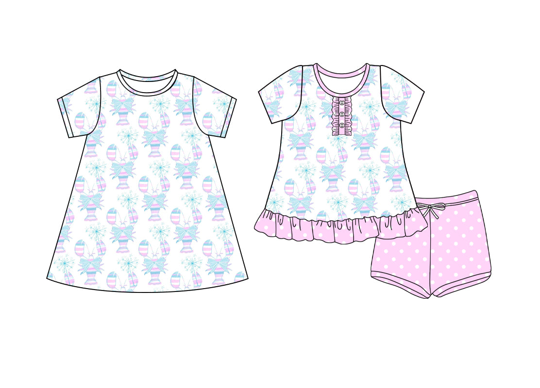 4.14 custom each style moq 5eta 4-6week Sibling Sister lobster bow baby girl short sleeve shorts sets and dresses match design