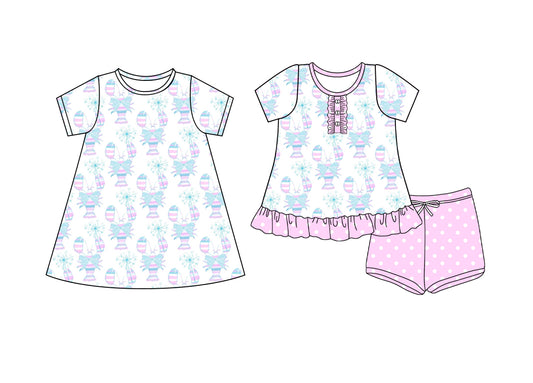 4.14 custom each style moq 5eta 4-6week Sibling Sister lobster bow baby girl short sleeve shorts sets and dresses match design