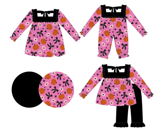 25.5.16 custom each style moq 5eta 4-6week Sibling Sisters pumpkin bow baby girl long sleeve pants sets and dress and rompers match family design