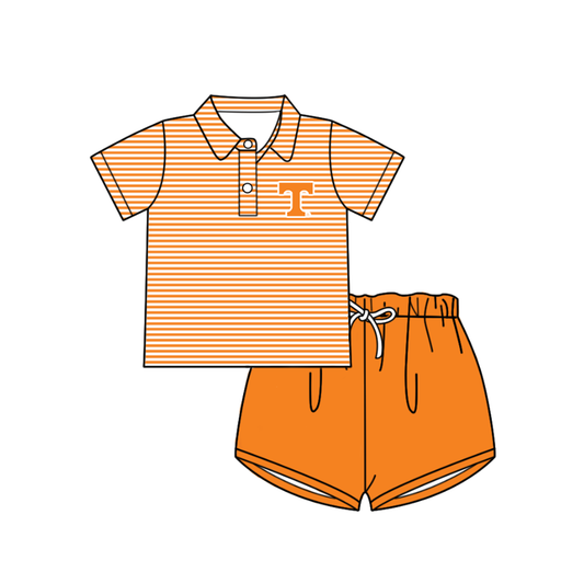 Custom moq 5 mix size milk silk summer teams Baby Boy's Orange Striped Polo Shirt And Shorts Set