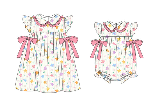 3.6 Custom moq 5 mix size Sibling Baby Girl's Pink Floral Print Dress with Flutter Sleeves And Bow Matching Romper Set