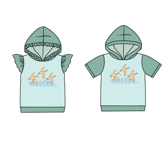 25.10.30 custom each style moq 8 eta 6-8week Sibling Sisters duck baby girl hooded short sleeve top 2 match family design