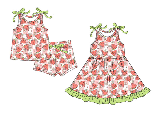 4.24 custom each style moq 5eta 4-6week Sibling Sister watermelon baby girl short sleeve shorts sets and dresses match design