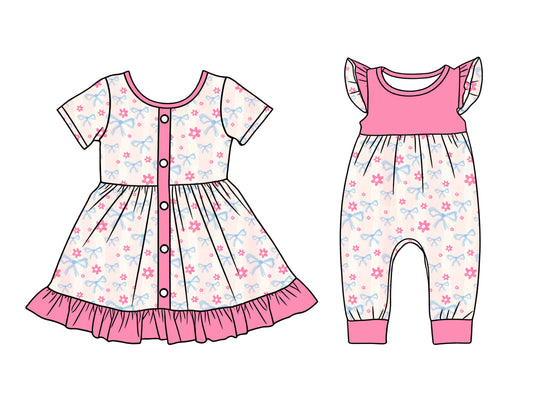 25.12.11 custom each style moq 5 eta 6-8week Sibling Sister bow floral baby short sleeve romper and dress match design