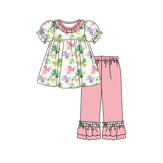 10.12 custom each style moq 5eta 4-6week Sibling Sister Four Leaf Clover pink baby girl sets and dress and rompers match family design