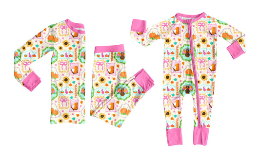 25.7.2 custom each style moq 5eta 4-6week Sibling Sisters turkey pumpkin pink baby girl long sleeve pants sets and rompers match family design