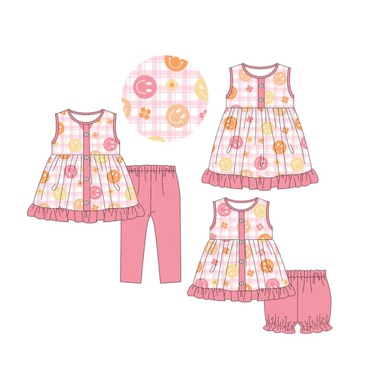 5.5 custom each style moq 5eta 4-6week Sibling Sisters smiley floral baby short sleeve shorts sets and pants sets and dress match family design