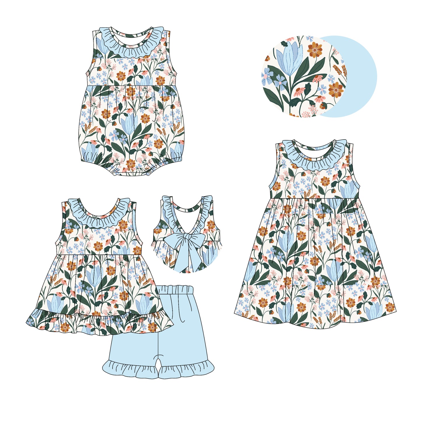 3.4 custom each style moq 5eta 4-6week Sibling Sisters floral baby girl short sleeve shorts sets and dress and rompers match family design