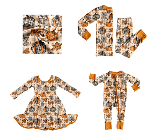 25.8.5 custom each style moq 5eta 4-6week Sibling Sisters pumpkin bow baby girl long sleeve pants sets and dress and rompers match family design