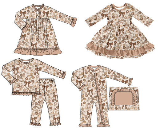 25.7.9 custom each style moq 5 eta 4-6week Sibling Sisters floral bow baby girl long sleeve pants sets and romper and dress 1 and dress 2 match family design