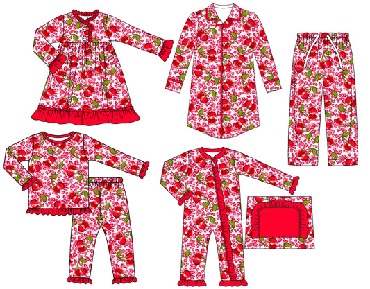 25.6.27 custom each style moq 5eta 4-6week Sibling Sisters cherry leopard baby boy long sleeve pants sets and adult top and adult pants and romper and dress match family design