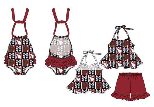 2.19 custom each style moq 5eta 4-6week Sibling Sister bow baseball baby girls short sleeve shorts sets and romper match design