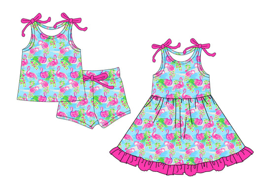 4.15 custom each style moq 5eta 4-6week Sibling Sister baby girl short sleeve shorts sets and dresses match design
