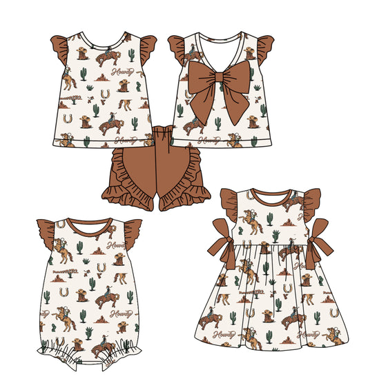 3.13 custom each style moq 5eta 4-6week Sibling Sisters riding horse baby girl short sleeve shorts sets and dress and rompers match family design