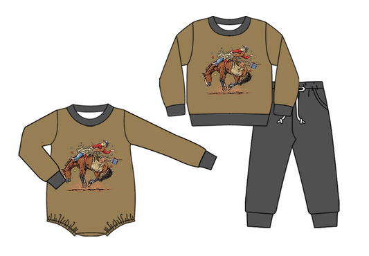 25.6.10 custom each style moq 5eta 4-6week Sibling Sisters riding horse baby boy long sleeve pants sets and rompers match family design
