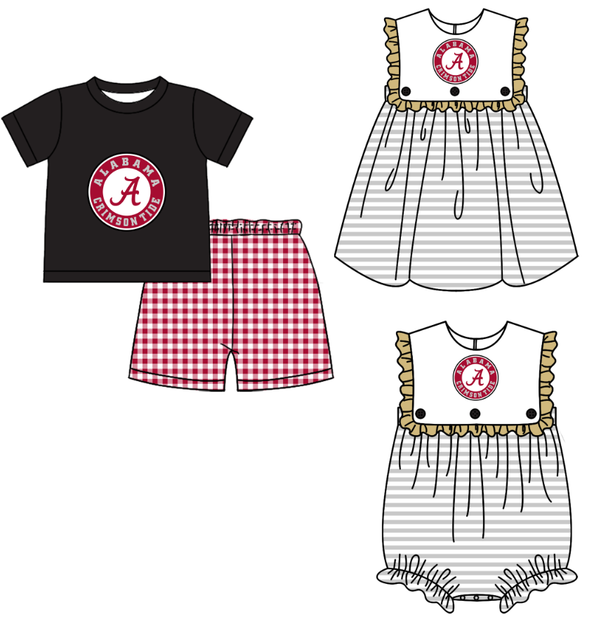 Custom moq 5 mix size milk silk summer teams Boy's Black Short-Sleeved Top And Shorts Set Girl's Sleeveless Striped Dress And Romper