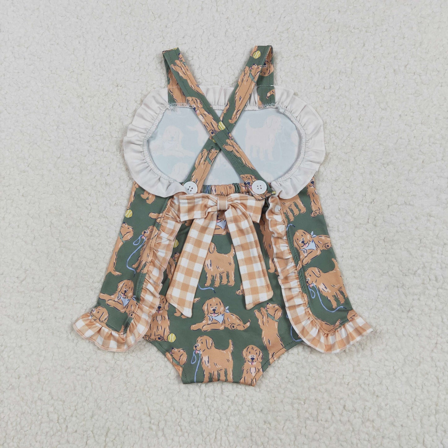 RTS NO MOQ SR2986 Puppy brown plaid lace bow green vest jumpsuit