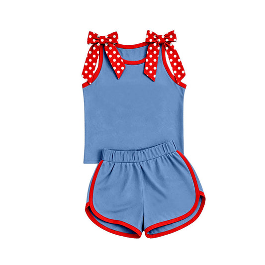custom moq 5 mix size Baby Girls Red polka dots Bow Sleeveless Blue Top Shorts Summer Set