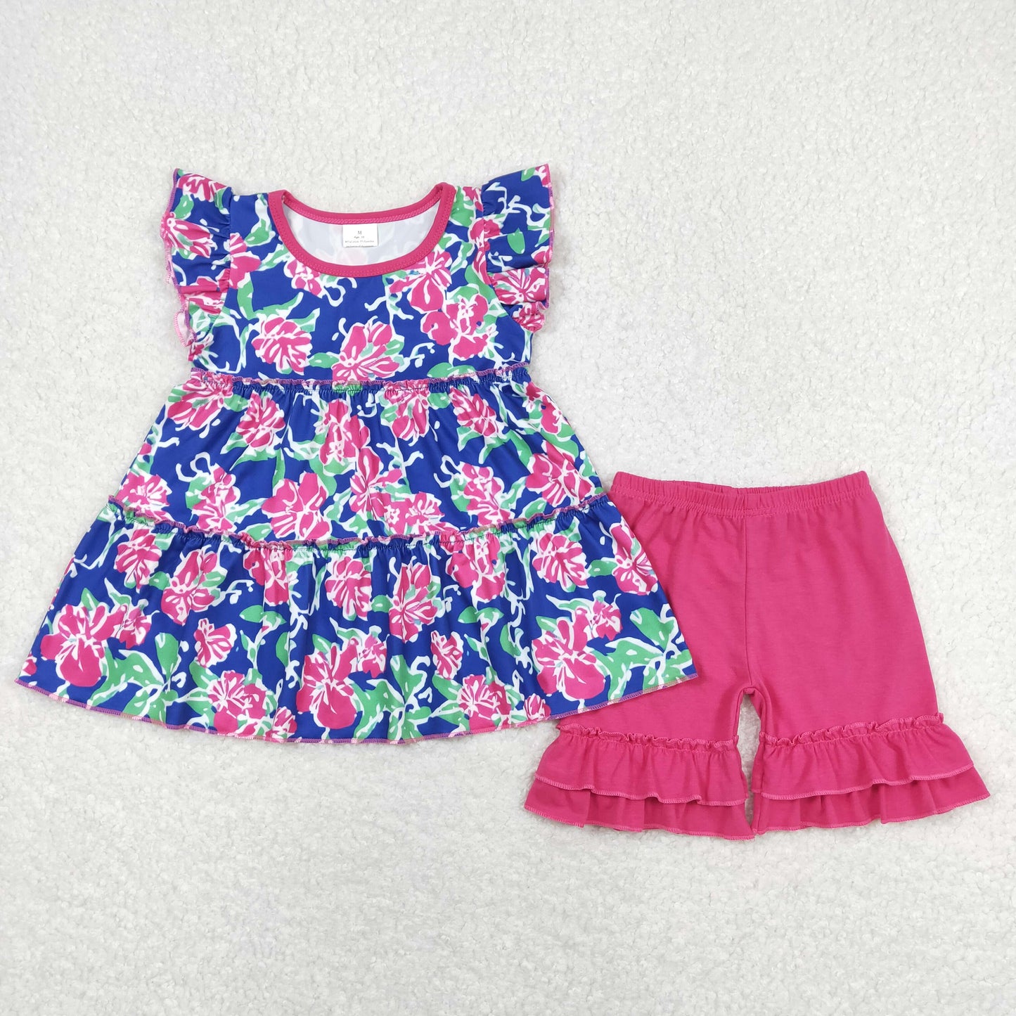 RTS NO MOQ ETA 5/7days Arrived GT0473+SS0178 Flower navy blue flying sleeve top  Rose red lace shorts