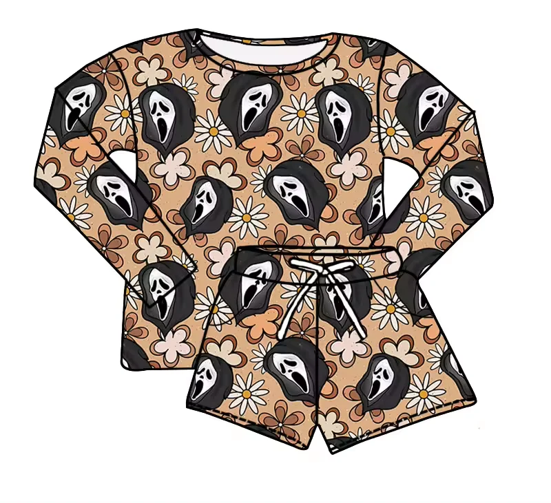 Deadline September 11 custom no moq eta 6-8weeks Skull Floral Long Sleeve Shorts Set