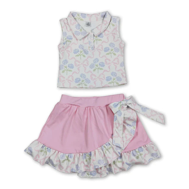 RTS NO MOQ Sibling Baby Girls Bows Checked Button Vests Ruffle Skirt Shorts Yoga Active Clothes Sets