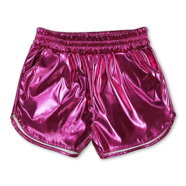 RTS NO MOQ Sibling Baby Girls  Pockets Leather Metallic Elastic Bottom Shorts