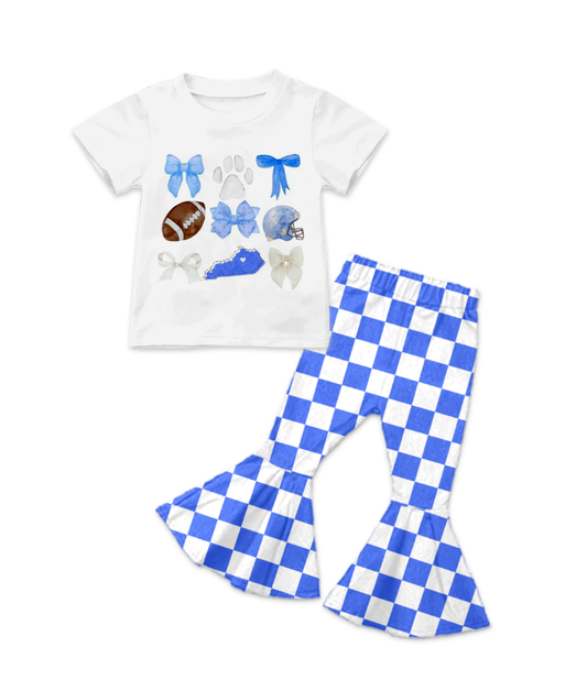 Custom summer teams baby girl clothes team bow blue plaid short sleeve pants sets-25.8.16