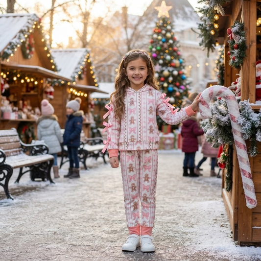 NEW RTS NO MOQ milk silk GLP3614 Baby Girls Bows Gingerbread Hoodie Pockets Elastic Jogger Christmas Outfit Set