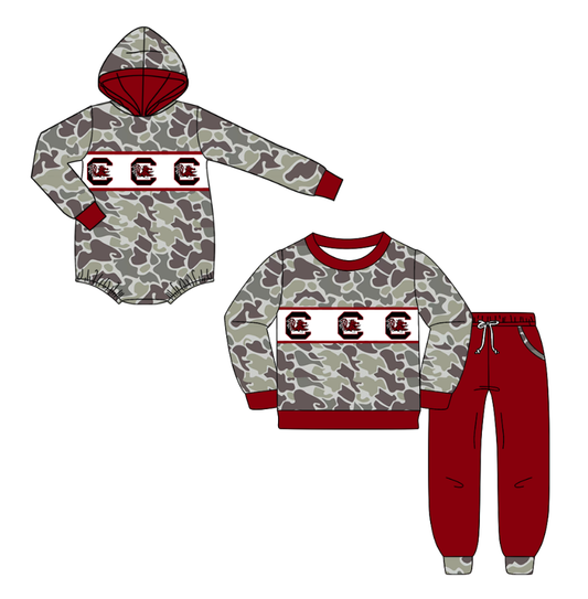 Custom moq 5 mix size milk silk summer teams baby boys clothes camouflage dark red hooded long sleeve pants sets and romper-25.10.20