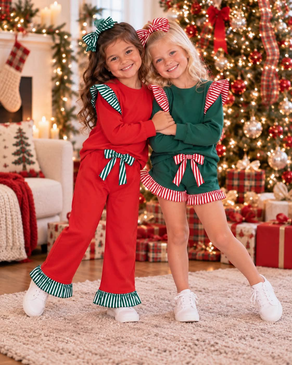 (Preorder new) No moq cotton fabric solid color Baby Girls stripe sweater Flutter sleeves long sleeve pant set