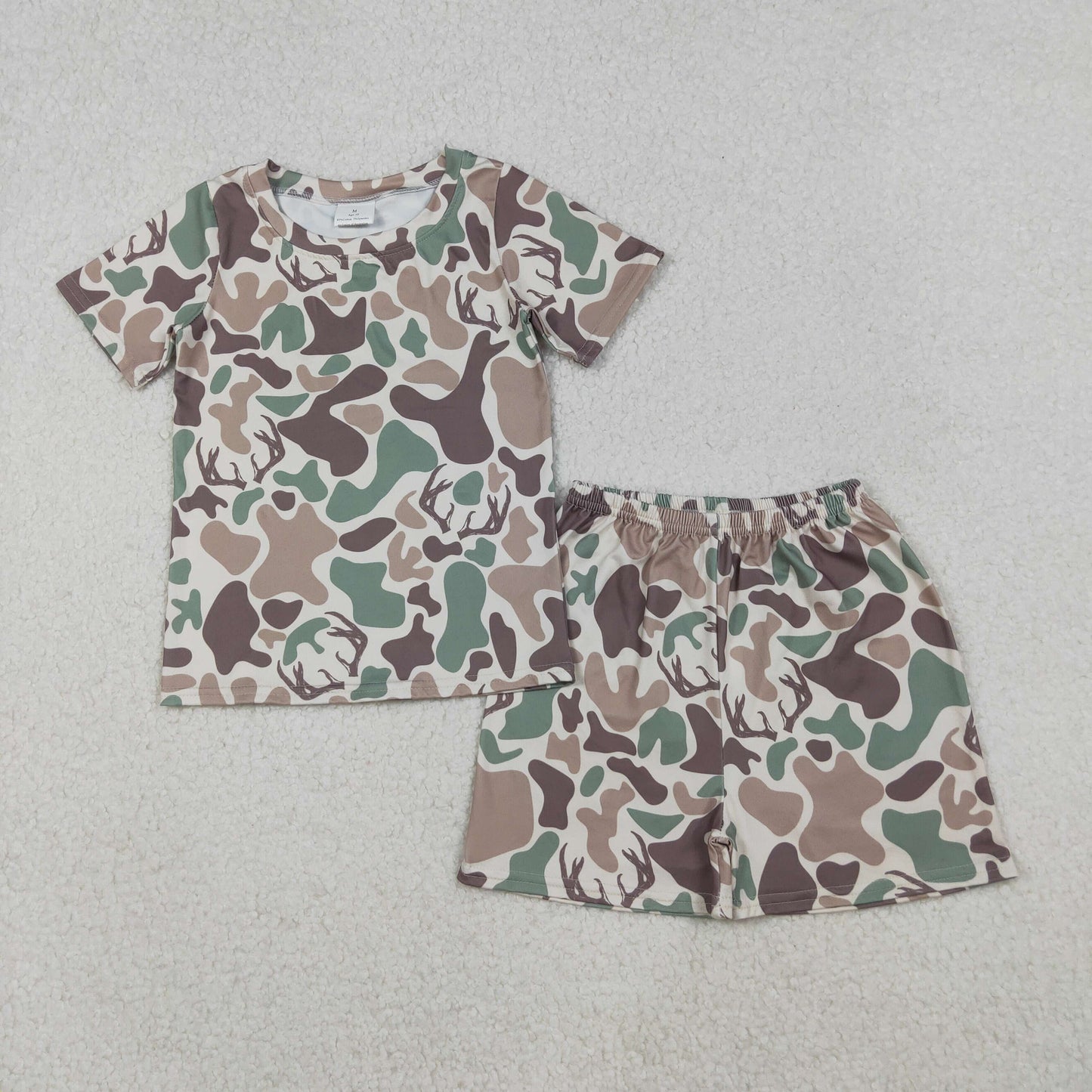 RTS NO MOQ（In Stock) GSSO2708 Beige short-sleeved shorts and antler camouflage pajama set