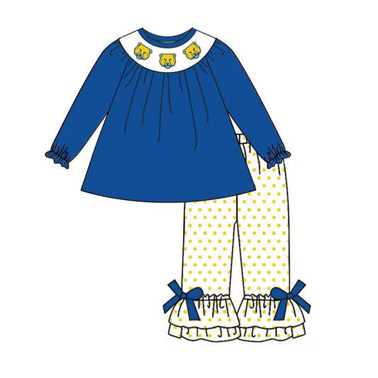Custom moq 3 tat about 6-8 weeks  team baby girls clothes blue long sleeve and long pants suit