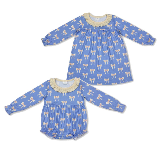 RTS NO MOQ Baby Girls bow blue Long Sleeve Dress & Romper