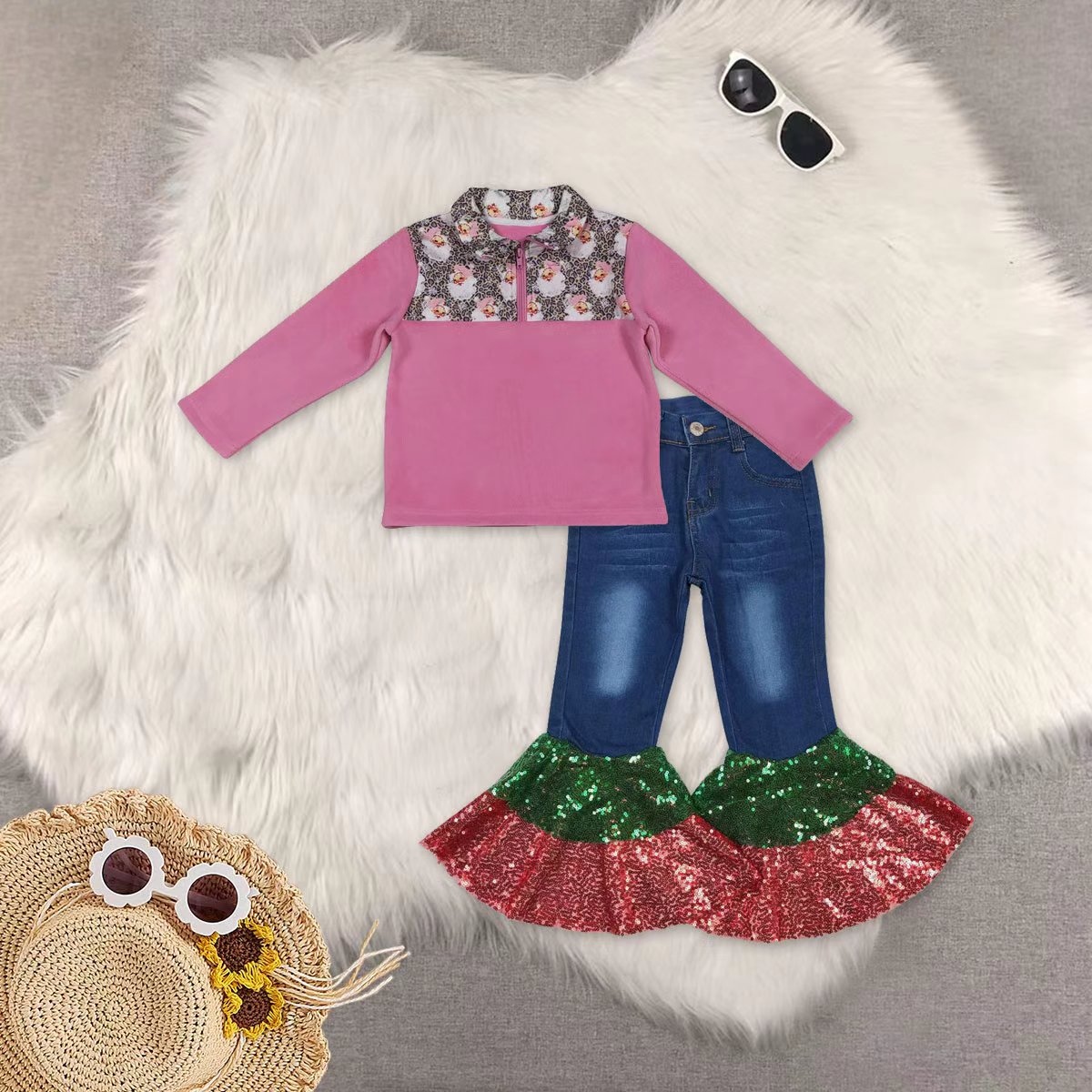 RTS NO MOQ Sibling Baby Girls hooded Long Sleeve Tops demin pants sets