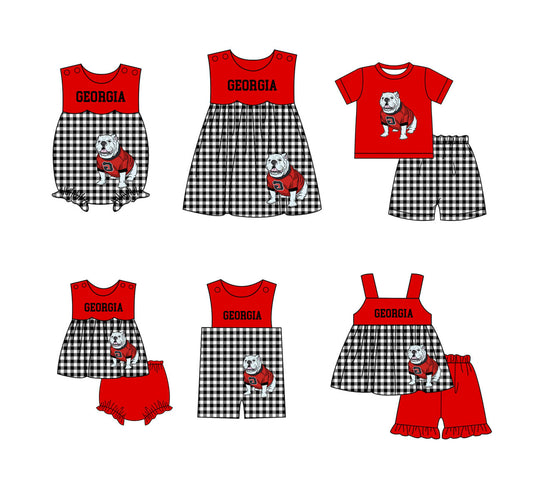 Custom moq 5 mix size milk silk summer teams baby girl boys clothes Red Black and white checkered short sleeve shorts sets 3 and dress and rompers 2 series