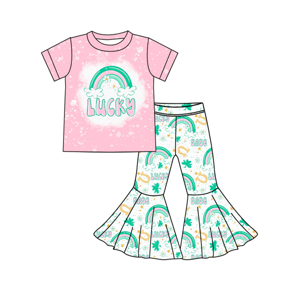 10.18 custom each style moq 5eta 4-6week Sibling Sister LUCKY Four Leaf Clover pink baby girl sets and dress and rompers match family design