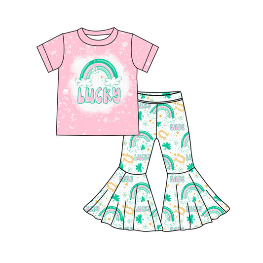 10.18 custom each style moq 5eta 4-6week Sibling Sister LUCKY Four Leaf Clover pink baby girl sets and dress and rompers match family design